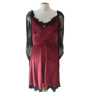 Burgundy Red Velvet Gothic Mini Dress Black Lace Sheer Sleeves Moon Charm